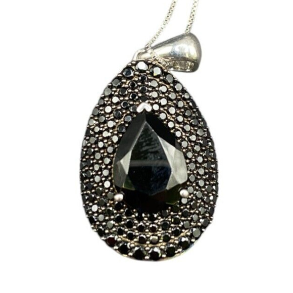 Black Onyx Teadrop Pendant Marcasite 925 Sterling Silver Box Chain Necklace GIE - Picture 1 of 15